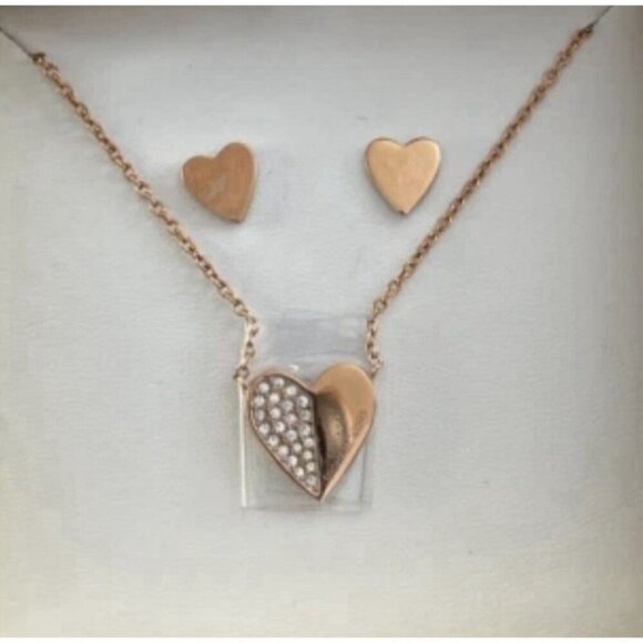 Michael Kors Logo Pave Heart Pendant Necklace Rose-Gold Heart Stud Earrings Set - Picture 3 of 6